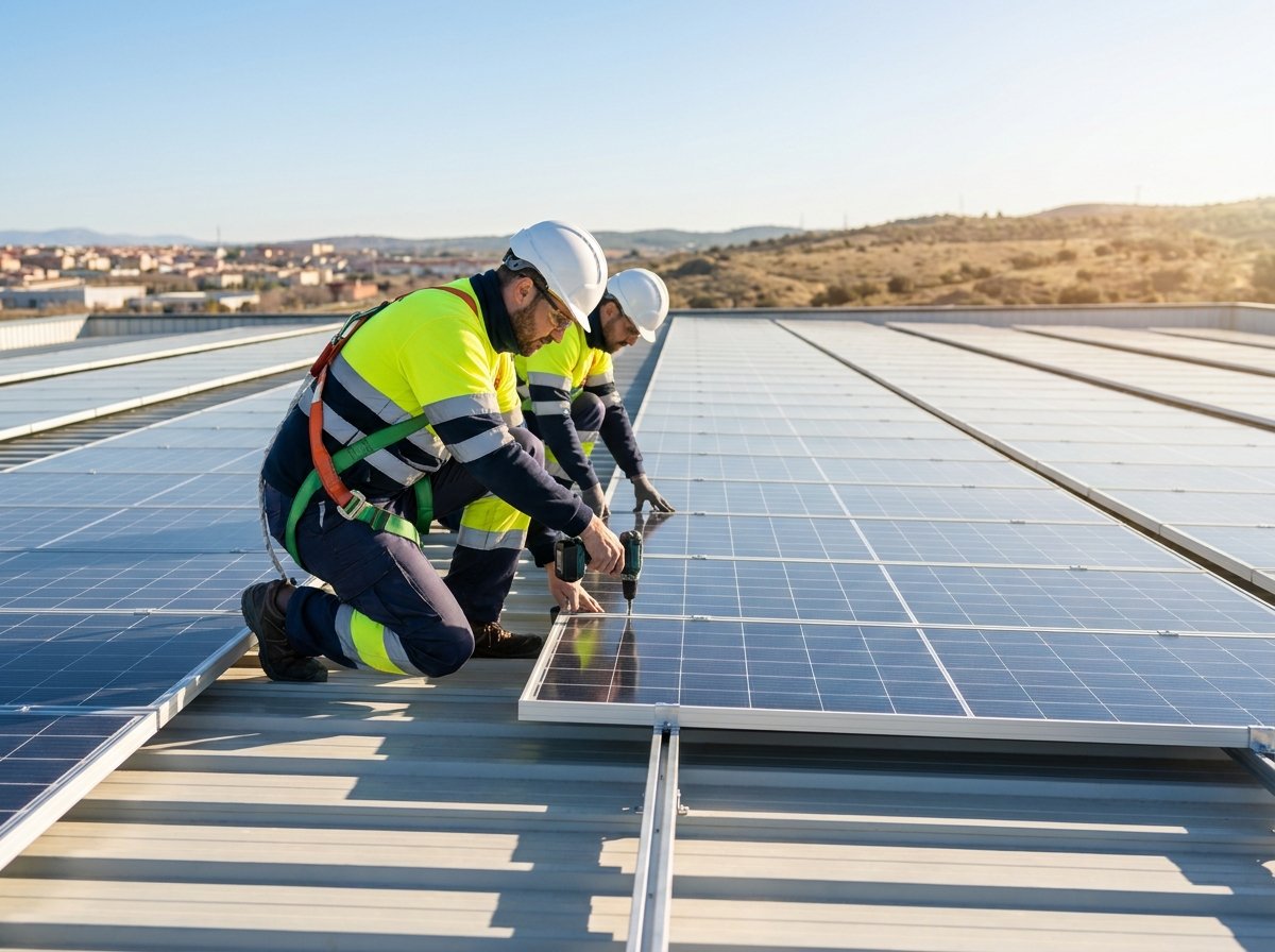 Tecnicos de SolarSoul instalando placas solares en la cubierta de una nave industrial en Madrid
